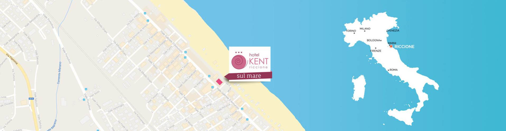 Mappa di Riccione con posizione dell'Hotel Kent vicino al mare.