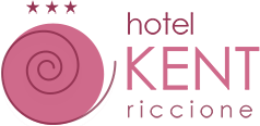 Logo dell'Hotel Kent Riccione con tre stelle e design a spirale rosa.